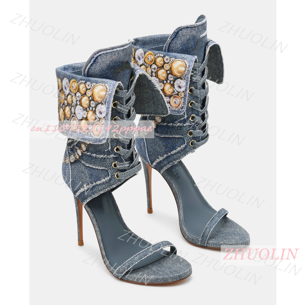 Women Shoes Us To Eu - 여성 블루 데님 라인스톤 샌들 레이스업