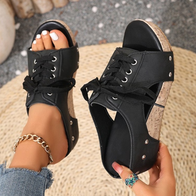 Cork Wedge Sandal - 여성용 웨지 샌들, 오픈토 미들힐 슬립온,
