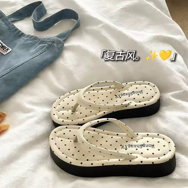 Cork Wedge Sandal - 패션 폴카 도트 플랫폼 플립플랍 논슬립